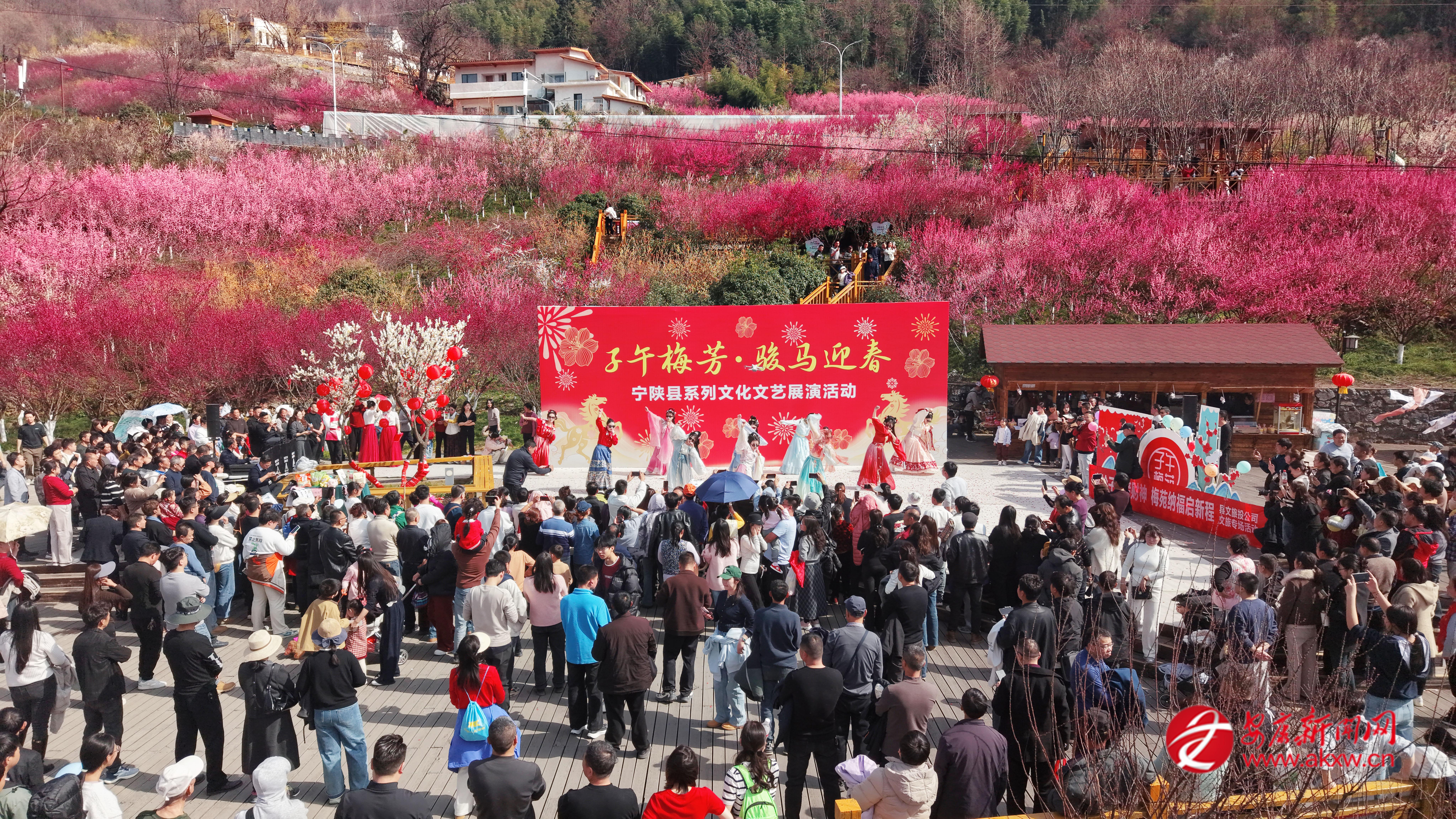 2月21日,宁陕县子午梅苑景区“财神爷”扮演者与观众互动“送财送福”。 杨稳 摄